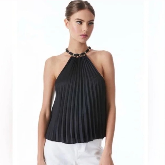 NEW Alice+Olivia Alycia Black Pleated Halter Top with chain  S. G969 - Picture 3 of 7